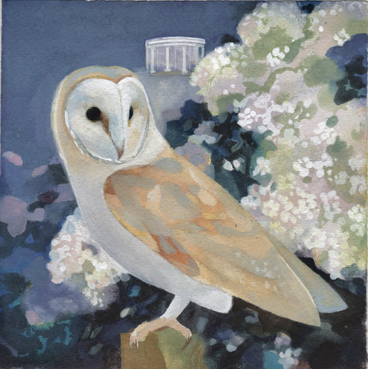 Artistic depiction of a beige owl with white and pink flowers around and a small Greek temple in the background.