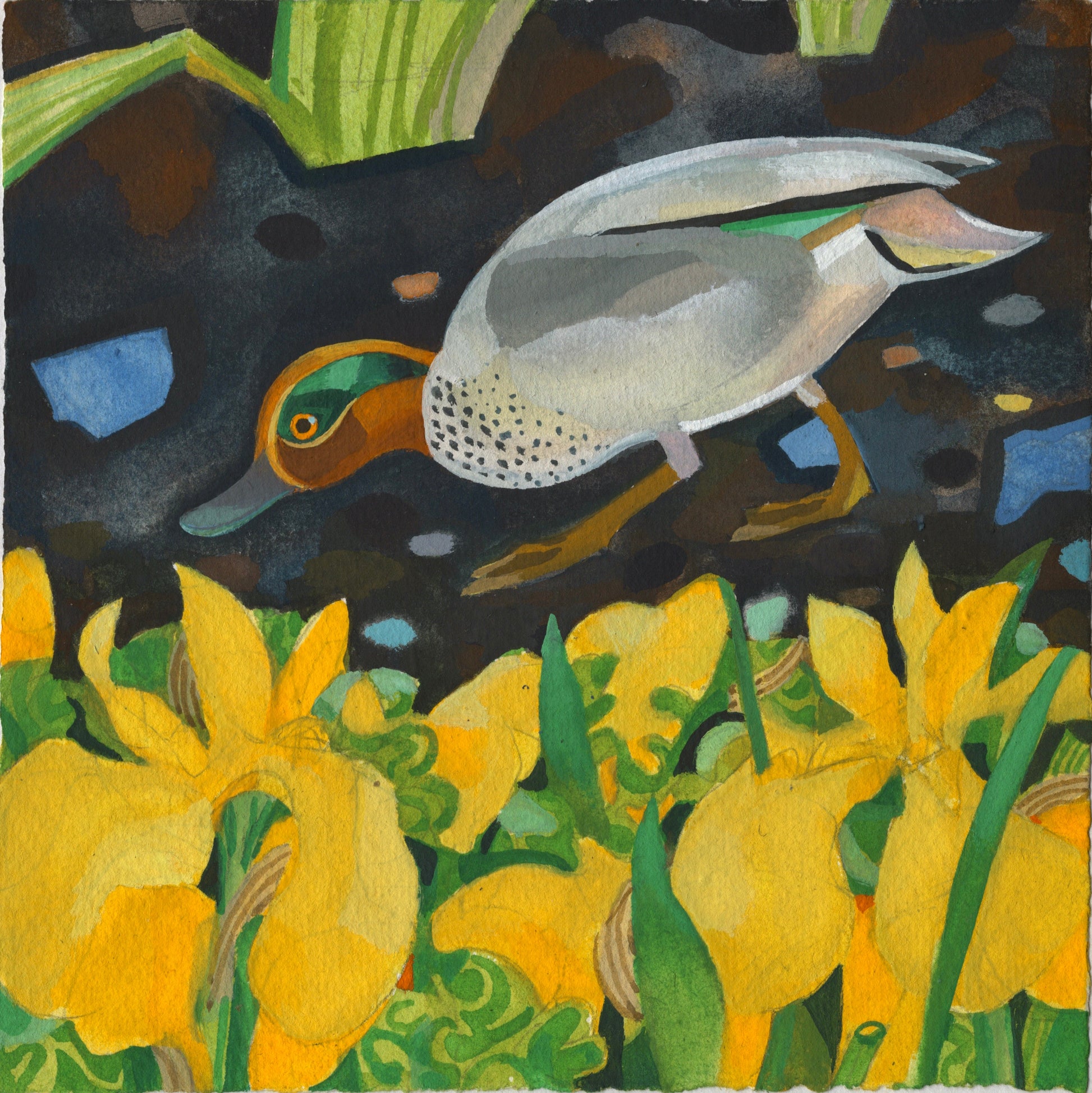Artistic depiction of a mallard among yellow daffodils with a dark background.