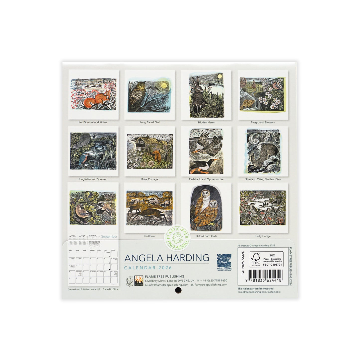 Angela Harding calendar with nature-themed illustrations on a white background. The back shows a mini version of the design for each month, all are animal related.