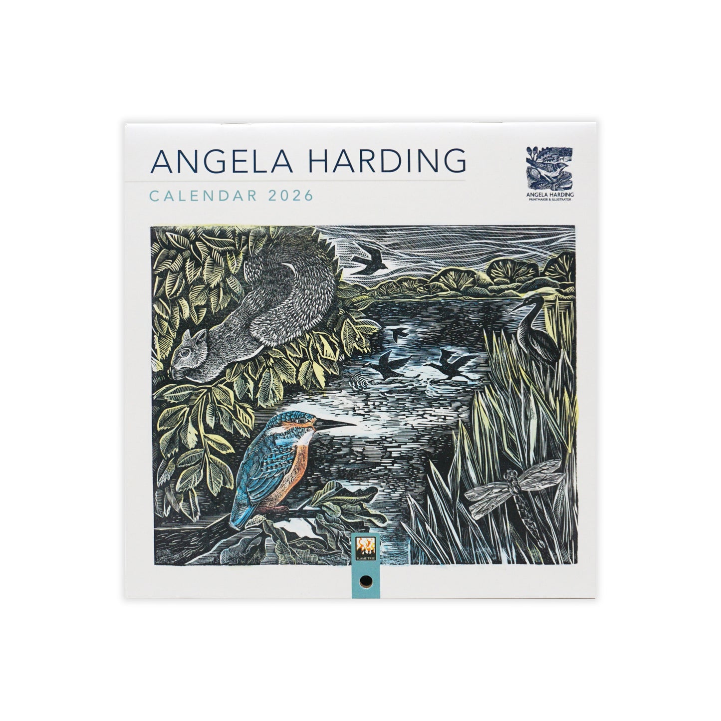 Angela Harding calendar 2026 with nature-themed design on a white background. The main colours are blue, green, black and white.