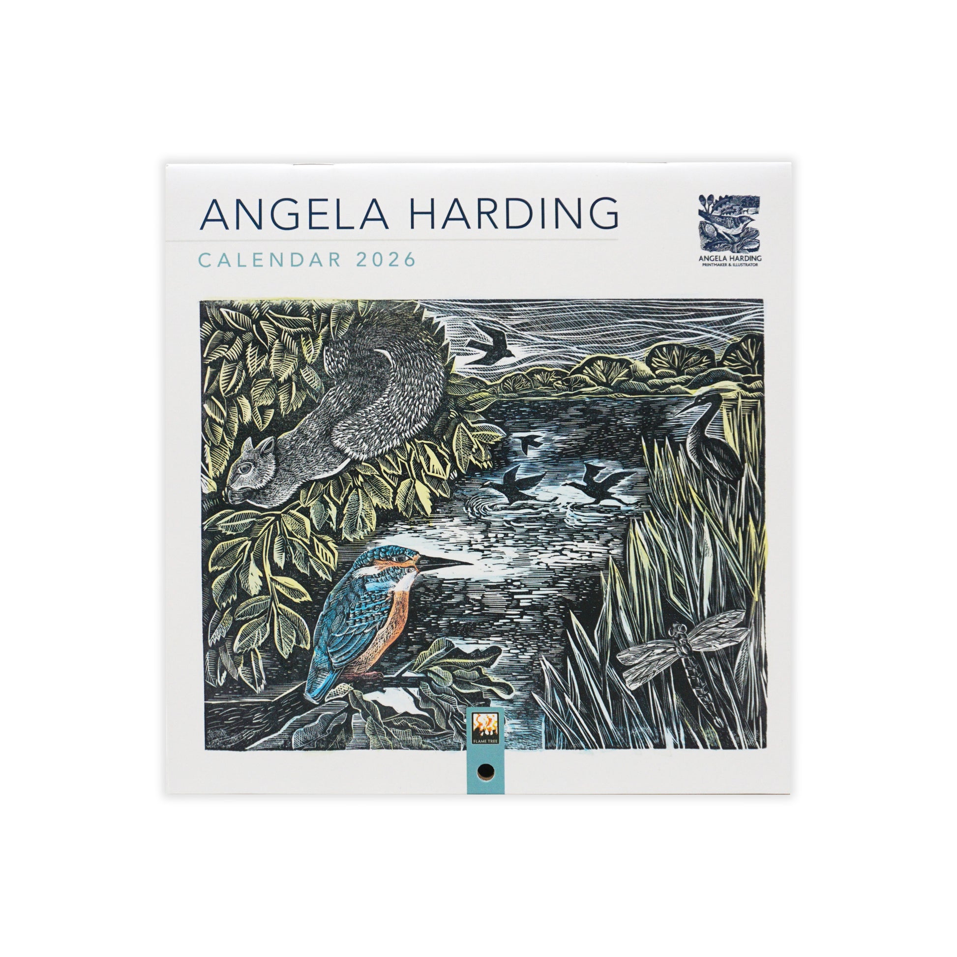 Angela Harding calendar 2026 with nature-themed design on a white background. The main colours are blue, green, black and white.