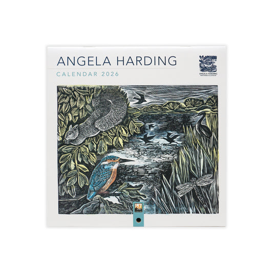 Angela Harding calendar 2026 with nature-themed design on a white background. The main colours are blue, green, black and white.