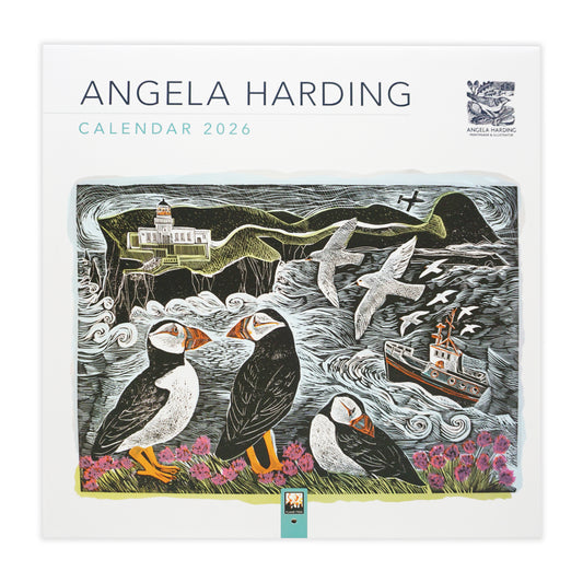 Angela Harding calendar 2026 with puffins and a boat illustration on a white background. The main colours are green, black, blue and pink.
