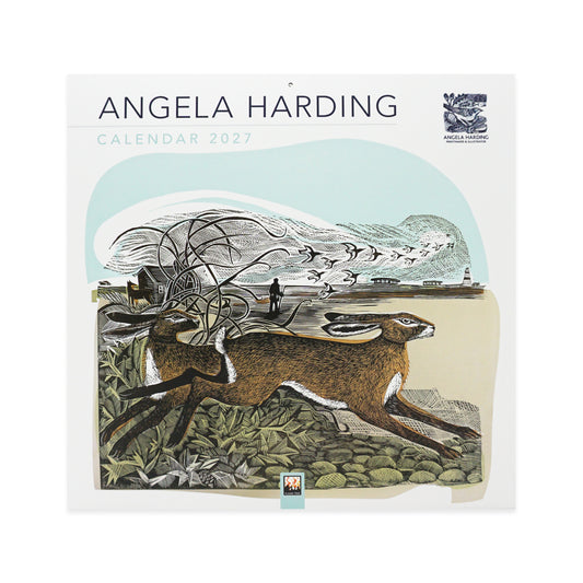 Angela Harding 2027 Calendar wall art shown as a square print with illustrated wildlife and landscape artwork, including a hare, birds, mountains, and a small figure, on a white background.