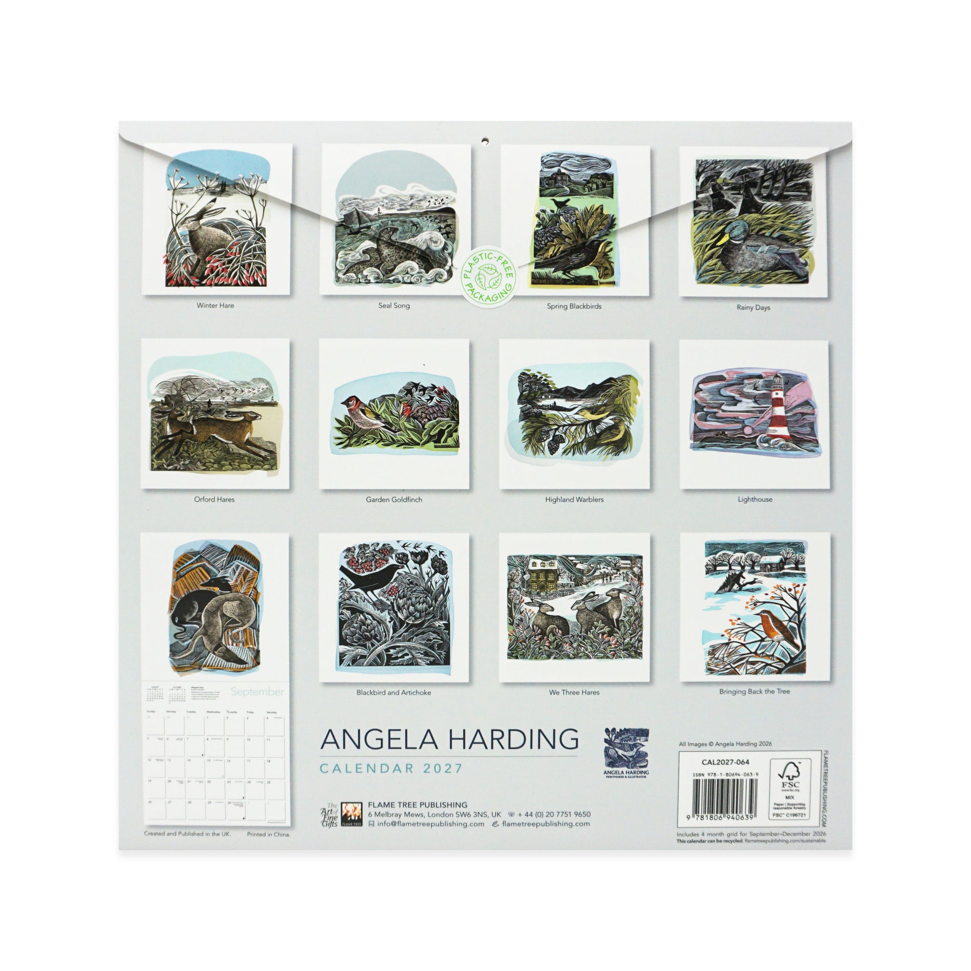 Angela Harding 2027 wall calendar displayed flat against a white background, showing a grid of twelve illustrated landscape and wildlife prints with the calendar cover details visible at the bottom.