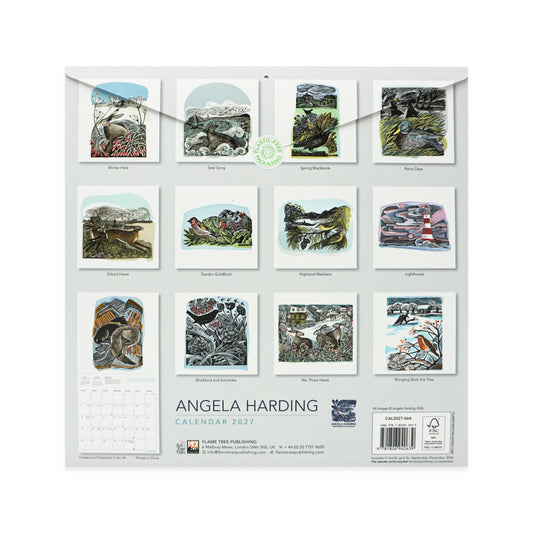 Angela Harding 2027 wall calendar displayed flat against a white background, showing a grid of twelve illustrated landscape and wildlife prints with the calendar cover details visible at the bottom.