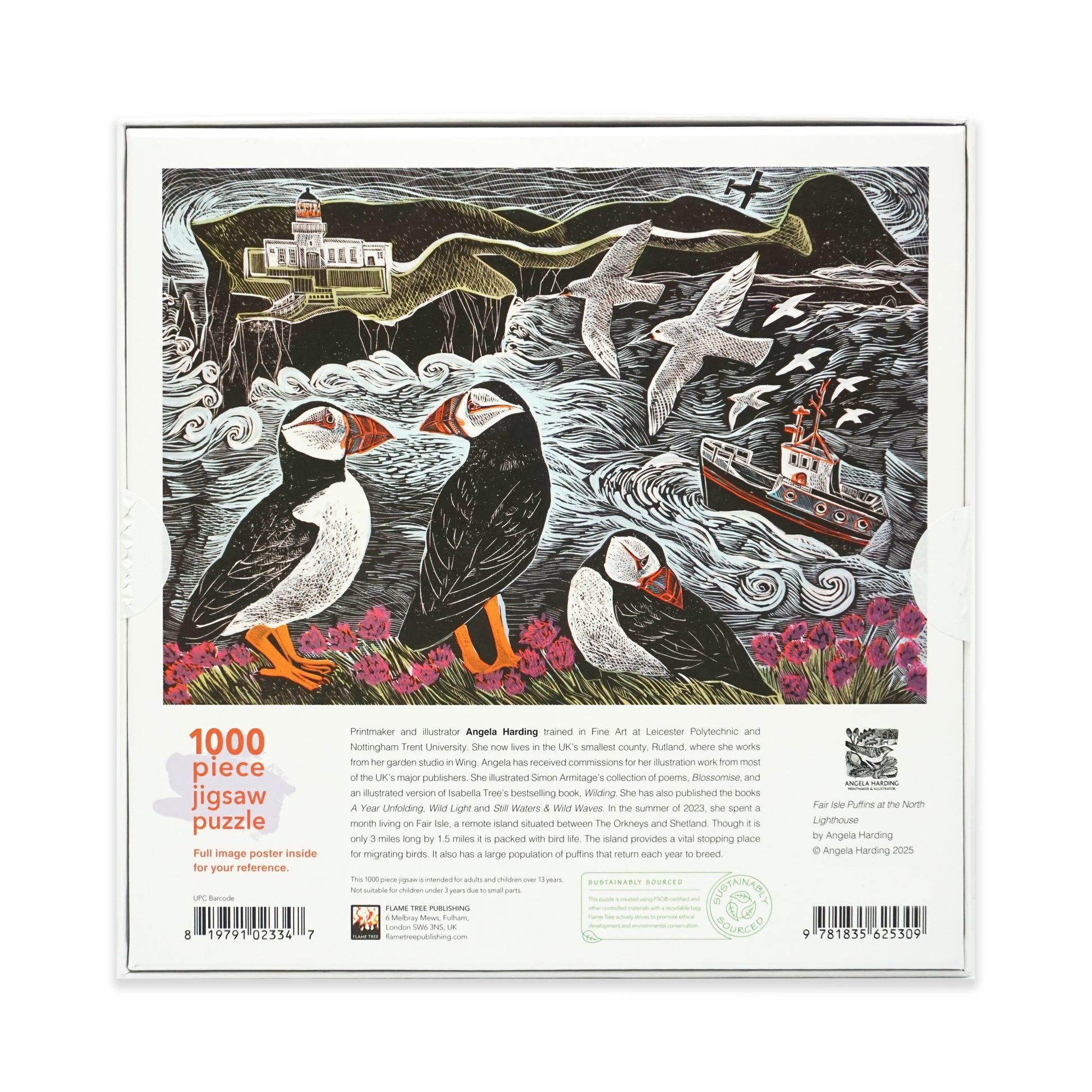 1000 piece jigsaw puzzle square packaging with puffins and a lighthouse design. The box is white cardboard with black text and there is a 'sustainably sourced' message.