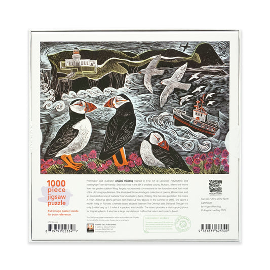 1000 piece jigsaw puzzle square packaging with puffins and a lighthouse design. The box is white cardboard with black text and there is a 'sustainably sourced' message.