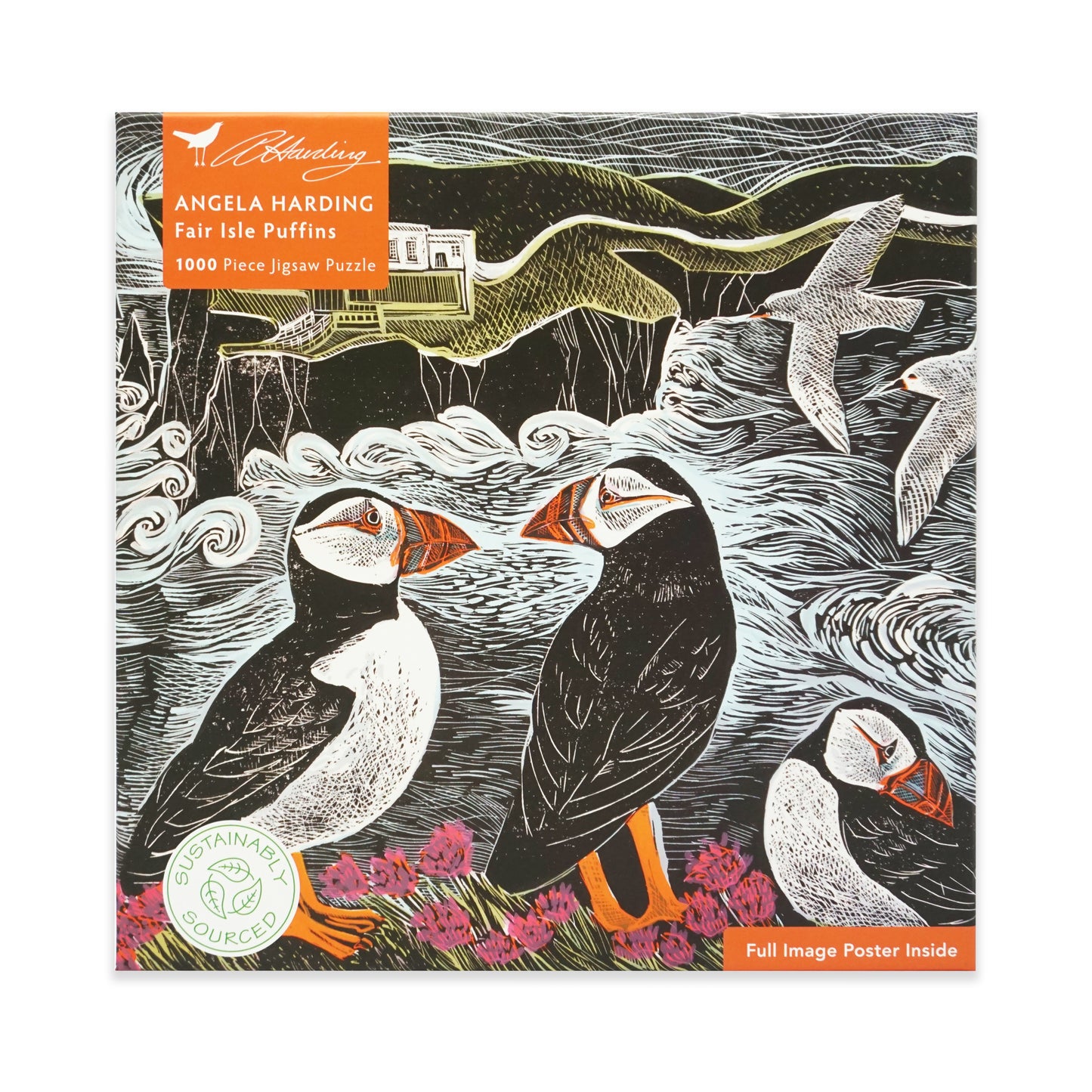 Jigsaw puzzle packaging with puffins and a scenic design with a lighthouse in the distance, featuring the brand 'Angela Harding'. The main colours are black, white, orange, purple and green.