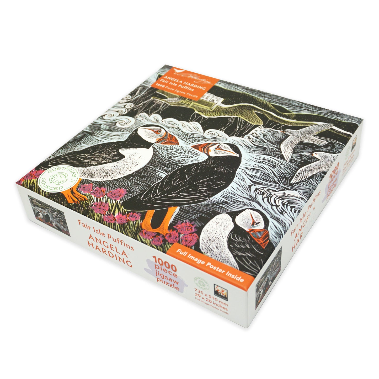 1000 piece jigsaw puzzle square packaging with puffins and a lighthouse design. The box is white cardboard with black text and there is a 'sustainably sourced' message.