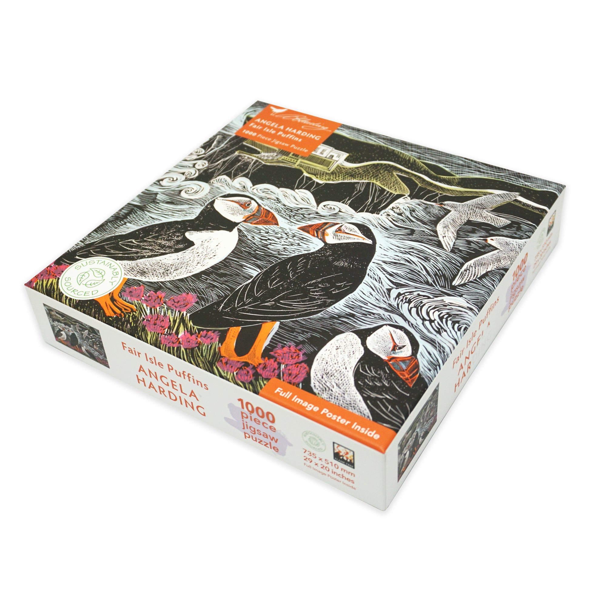 1000 piece jigsaw puzzle square packaging with puffins and a lighthouse design. The box is white cardboard with black text and there is a 'sustainably sourced' message.