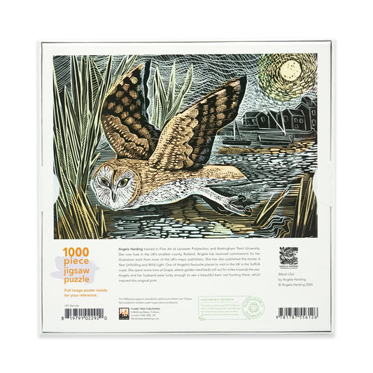 The back of a square jigsaw puzzle box with an owl  in flight illustration. The main colours used are blue, green, beige and white. The box features orange branding and is on a plain white background. There is black text and a 'sustainably sourced' logo.