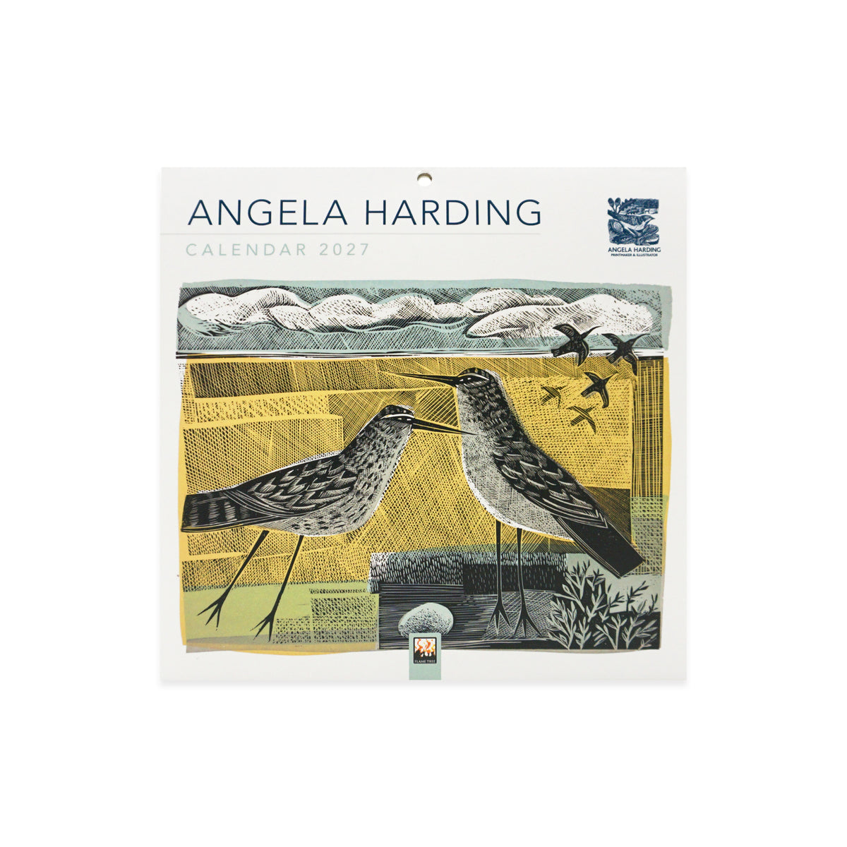 Angela Harding 2027 Calendar wall hanging featuring a stylised illustration of two sandpipers, a bird in flight, and seals on a white background.