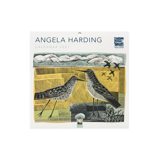 Angela Harding 2027 Calendar wall hanging featuring a stylised illustration of two sandpipers, a bird in flight, and seals on a white background.