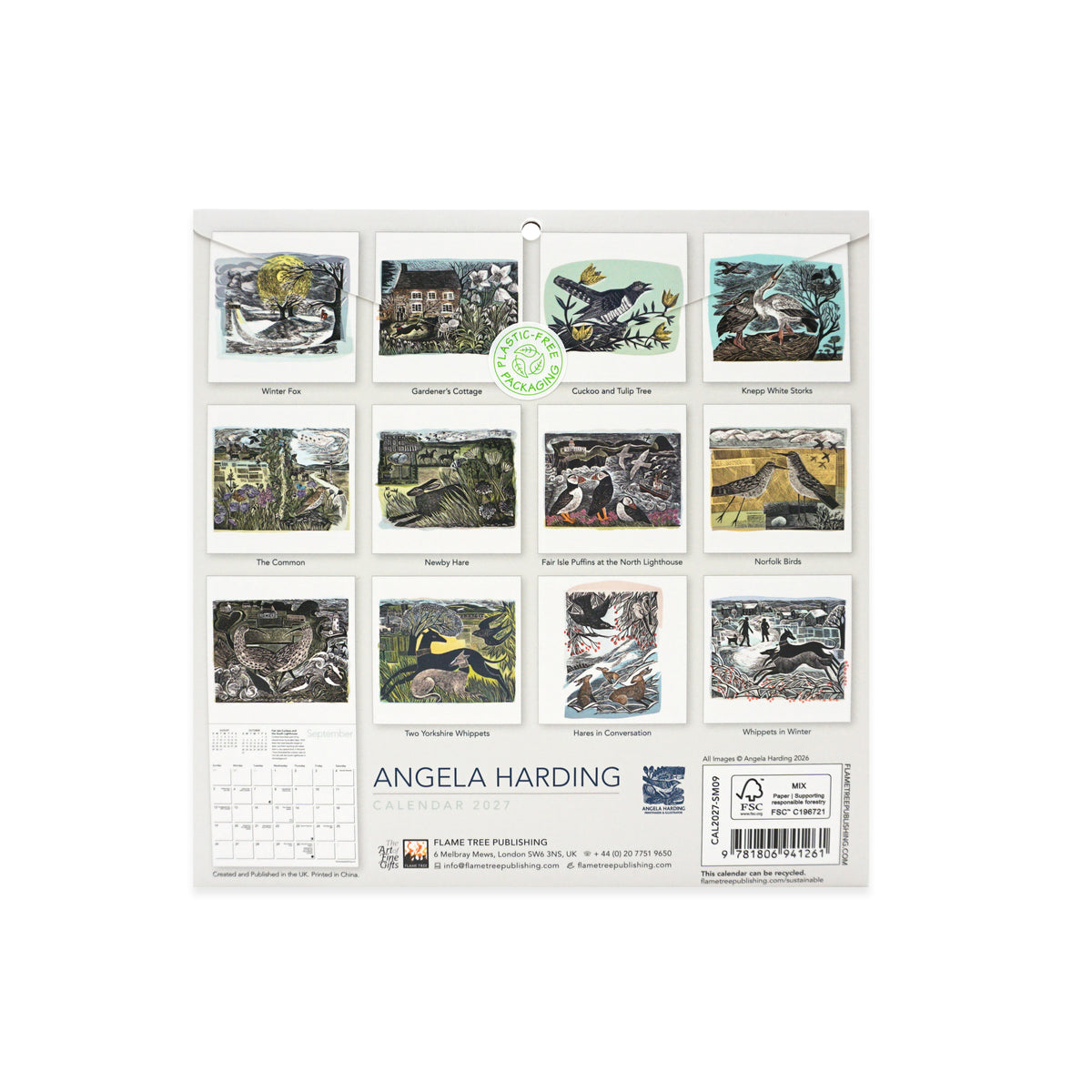 Angela Harding 2027 wall calendar featuring 12 square art prints in a 3x4 grid, with a white calendar page visible at the bottom left. The artwork is shown in muted earthy tones of green, brown, blue, and yellow.