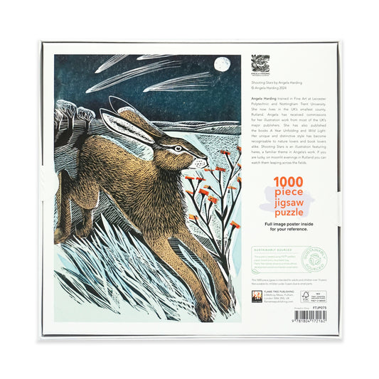Jigsaw puzzle packaging featuring a hare linocut. The box is square and is on a plain white background. The back of the box features black text and a 'sustainably sourced' logo.