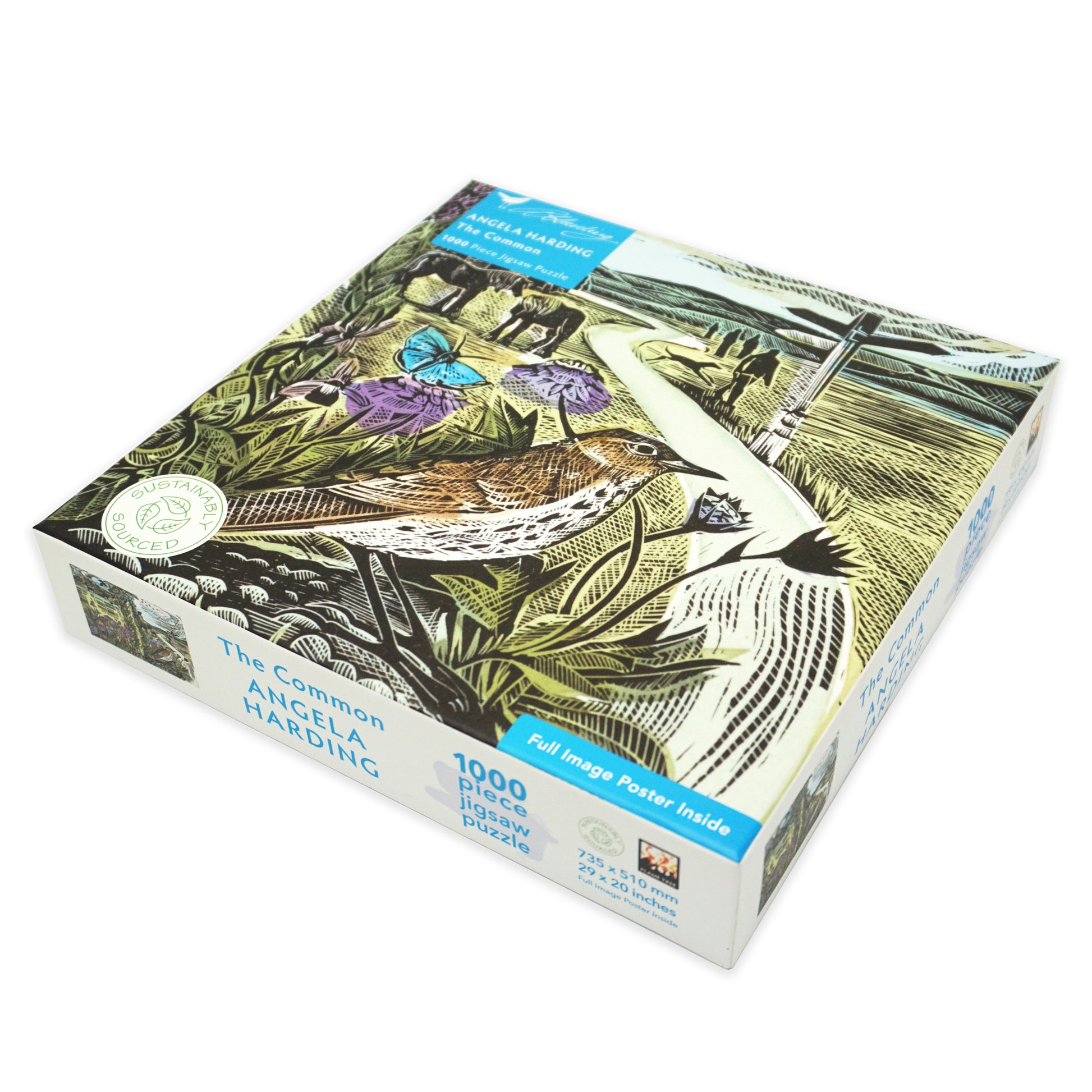 The back of a square jigsaw puzzle box with nature-themed design. There is black text on a white background and a 'sustainably sourced' logo.