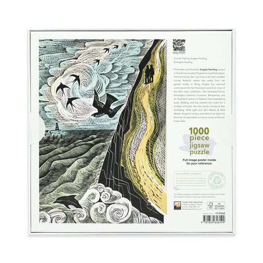 Jigsaw puzzle packaging with artistic design of a landscape, path, and birds. The back of the box features black text and a 'sustainably sourced' logo.