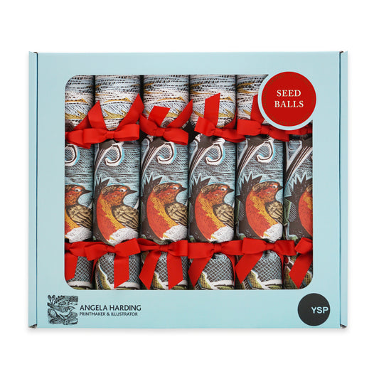 A box of six Angela Harding Christmas crackers in a light blue box with cut-out window showing six crackers with red ribbons, plus a red 'SEED BALLS' badge, a black 'YSP' circle on the front and Angela Harding branding. The cracker design features a red breasted robin and foliage.