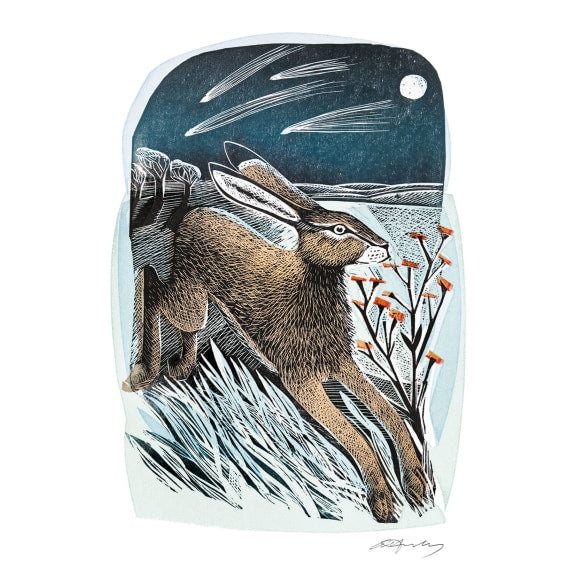 Card with a rabbit illustration on a snowy landscape