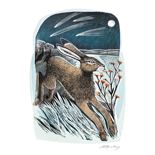 Card with a rabbit illustration on a snowy landscape