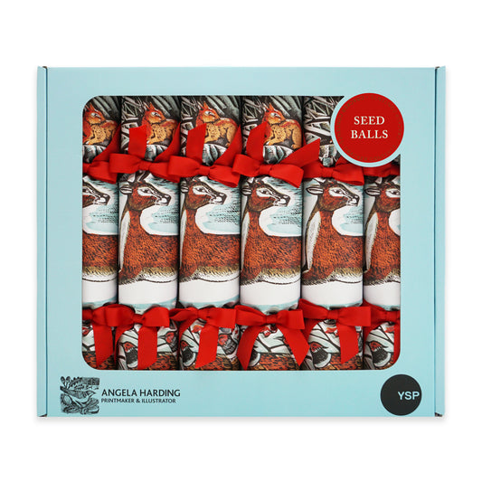 A box of six Angela Harding Christmas crackers in a light blue box with cut-out window showing six crackers with red ribbons, plus a red 'SEED BALLS' badge, a black 'YSP' circle on the front and Angela Harding branding. The cracker design features a red deer, a red squirrel and a pheasant.