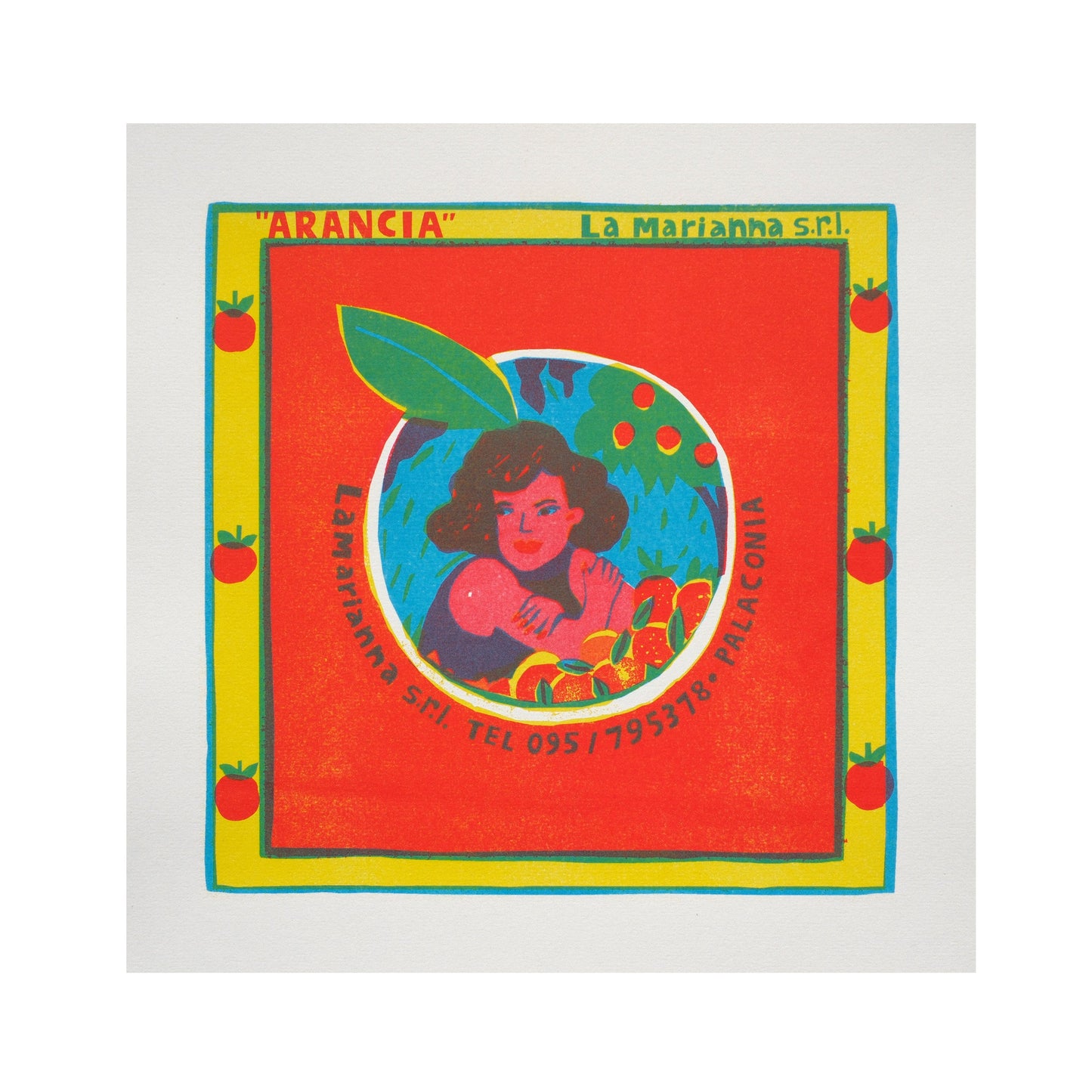 A vibrant illustration featuring a smiling woman surrounded by orange trees and fruit. The background is bright red and yellow, with the word "ARANCIA" prominently displayed. The design is framed with a border of small tomatoes.
