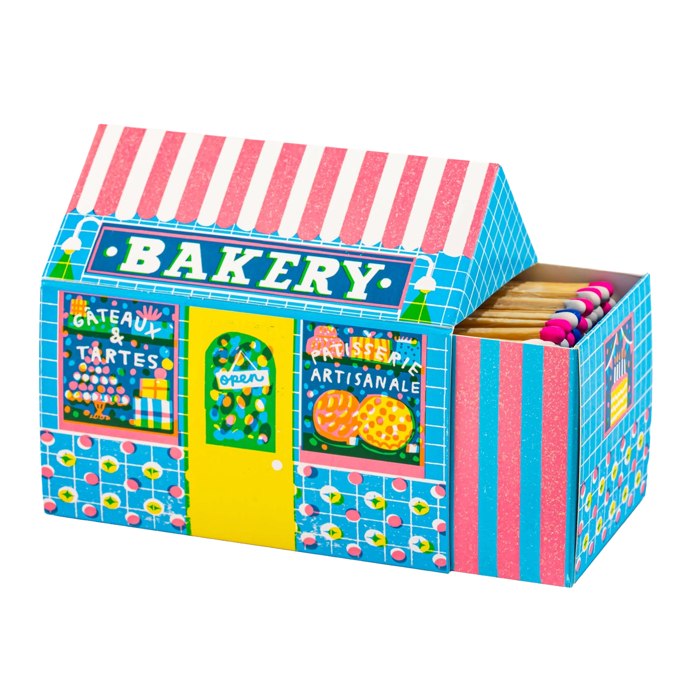 Colourful matchbox with bakery design on a white background