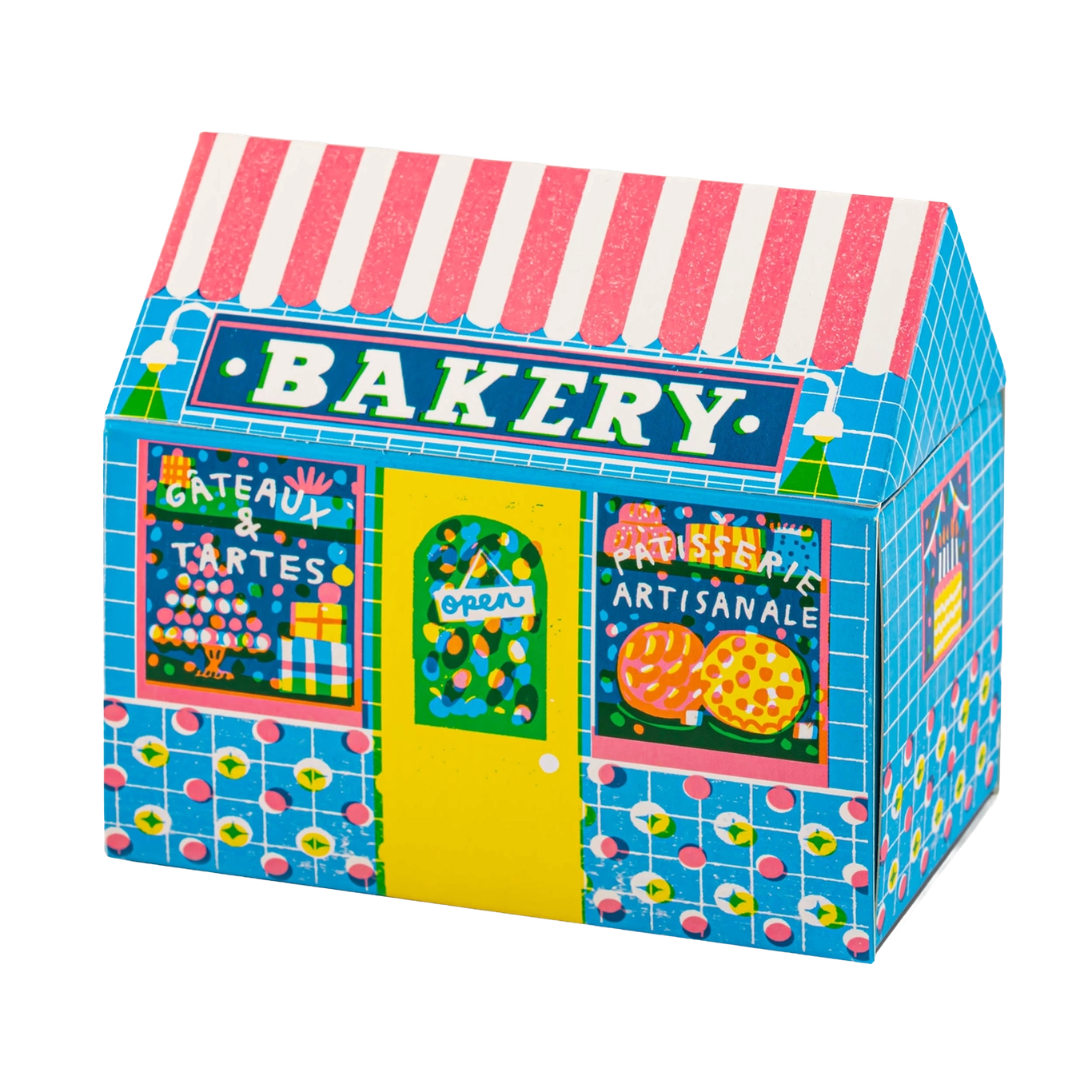 Colourful bakery-themed match box with a striped roof on a white background
