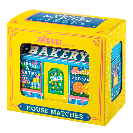 Packaged house matches with colorful bakery design on a yellow box