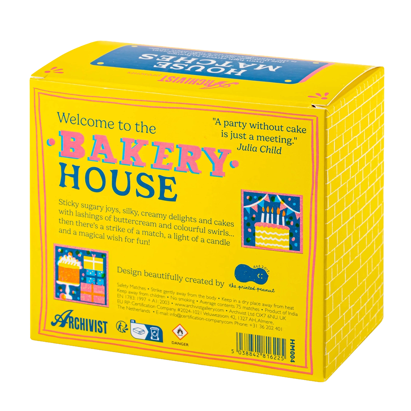 Box of 'The Bakery House' matches with colourful text and graphics on a white background