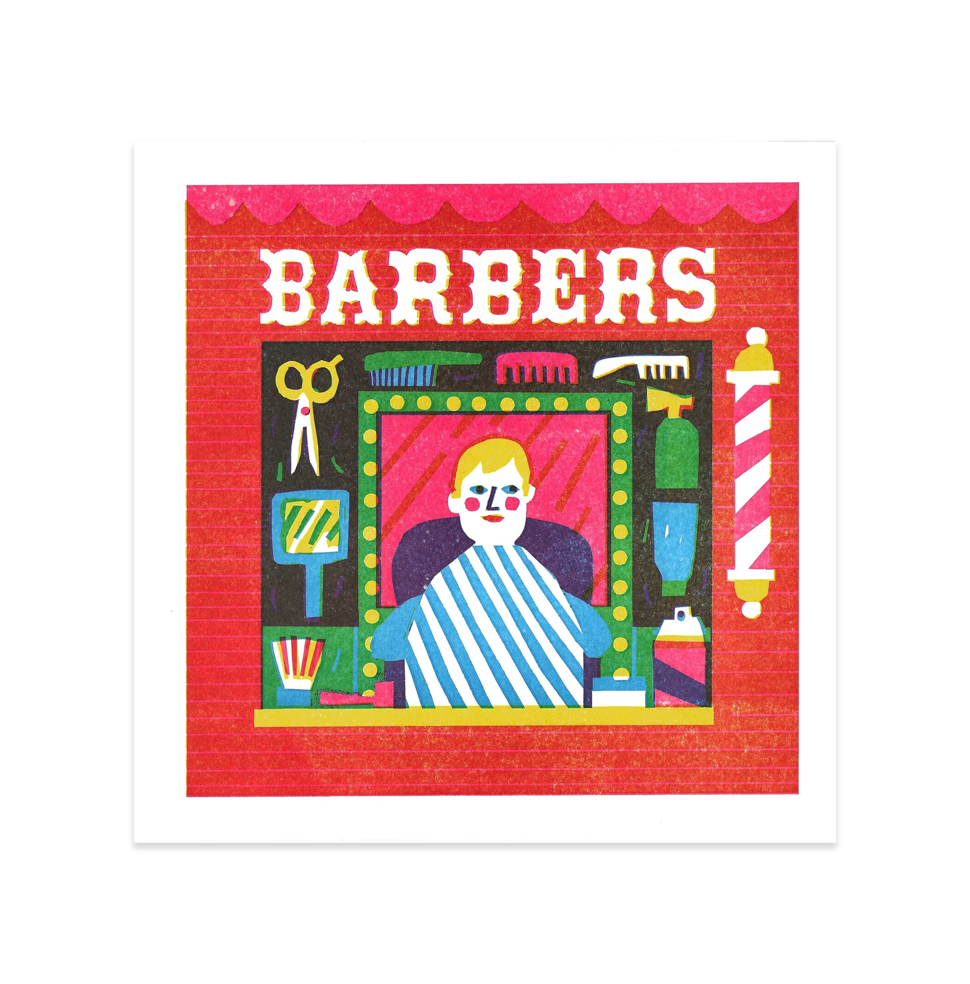 A vibrant illustration featuring a barber shop scene. A person with blonde hair sits in a chair, draped in a striped cape, looking into a mirror. The background is red with the word "BARBERS" in bold white letters, surrounded by barber tools.