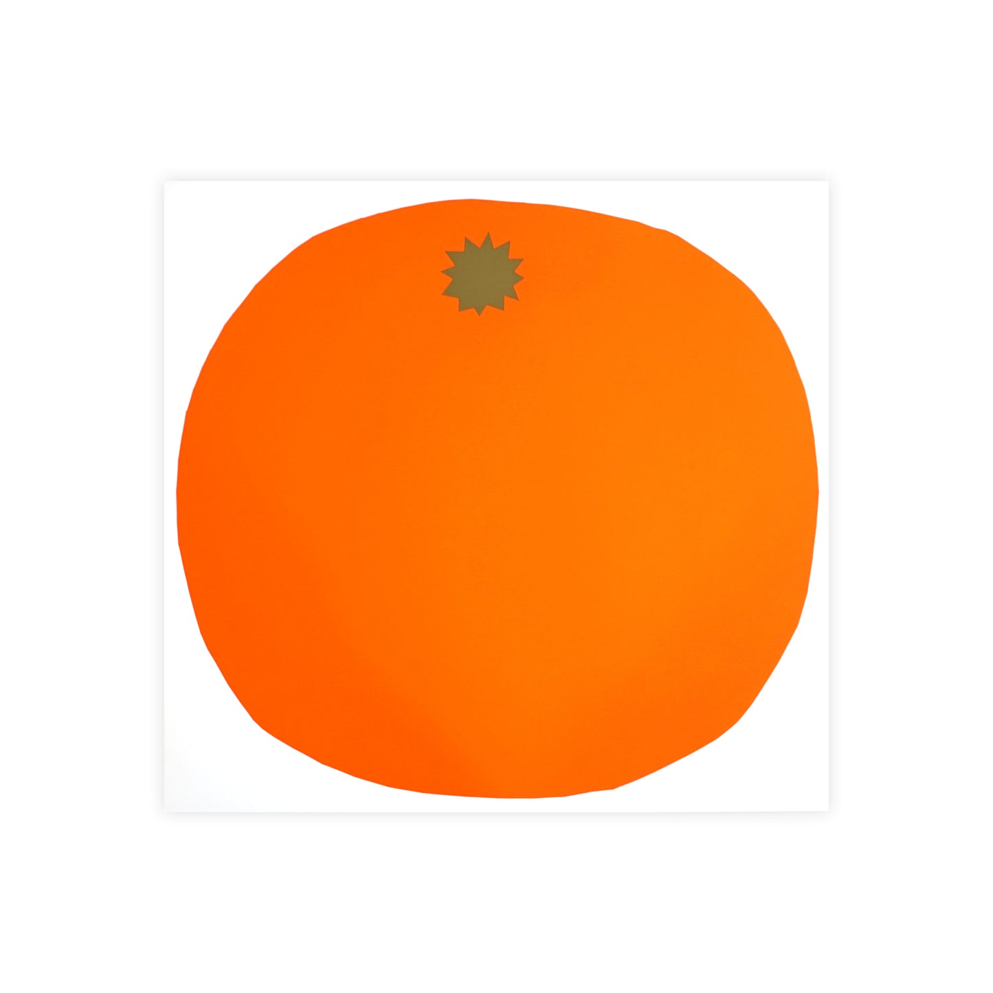 A simple illustration of an orange, depicted as a round shape in a vibrant orange colour with a small brown star at the top, set against a plain white background. The design is minimalistic and stylised.