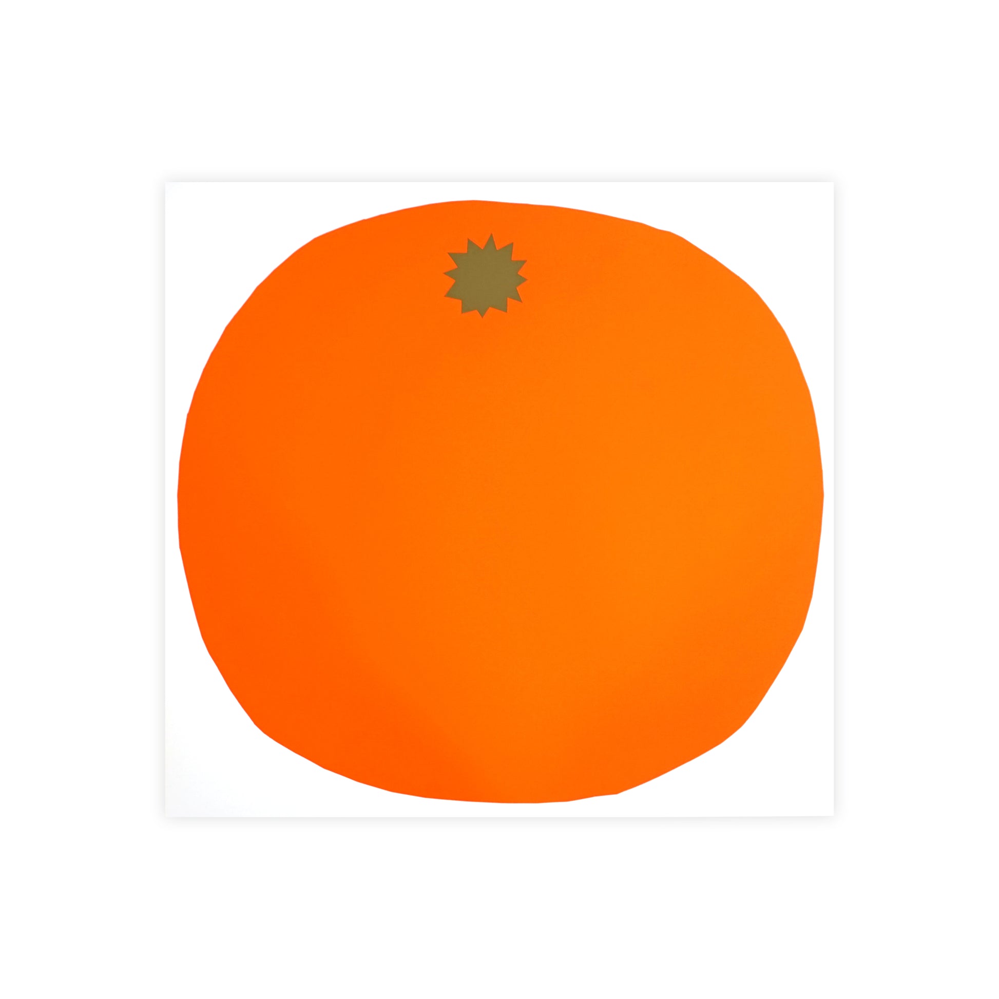A simple illustration of an orange, depicted as a round shape in a vibrant orange colour with a small brown star at the top, set against a plain white background. The design is minimalistic and stylised.
