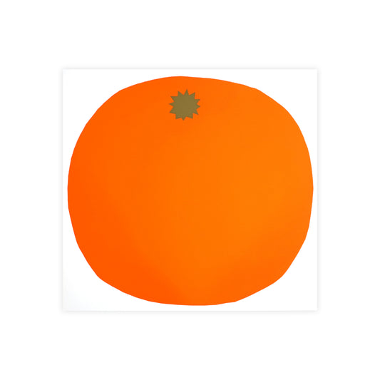 A simple illustration of an orange, depicted as a round shape in a vibrant orange colour with a small brown star at the top, set against a plain white background. The design is minimalistic and stylised.