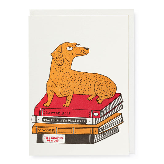 Illustration of an orange dachshund sitting on a stack of books with a white background.