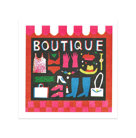 A vibrant illustration of a boutique window display featuring colourful clothing items, shoes, bags, and accessories. The word "BOUTIQUE" is prominently displayed in bold letters, surrounded by playful graphics in a variety of bright colours.