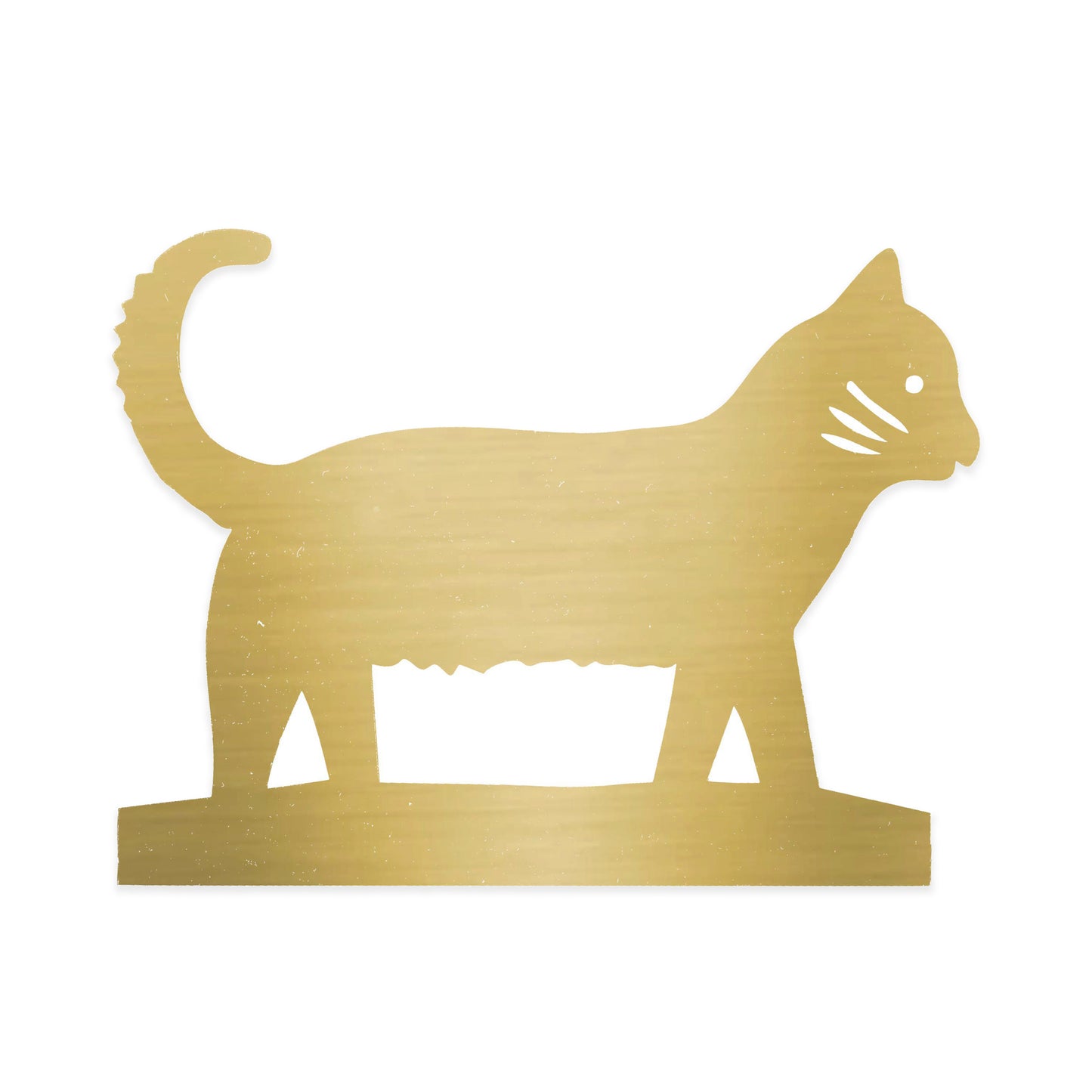 A golden silhouette of a cat standing on a base. The cat features a curved tail, pointed ears, and whiskers, with a simple, stylised design that highlights its playful stance. The background is plain, emphasising the cat's shape.