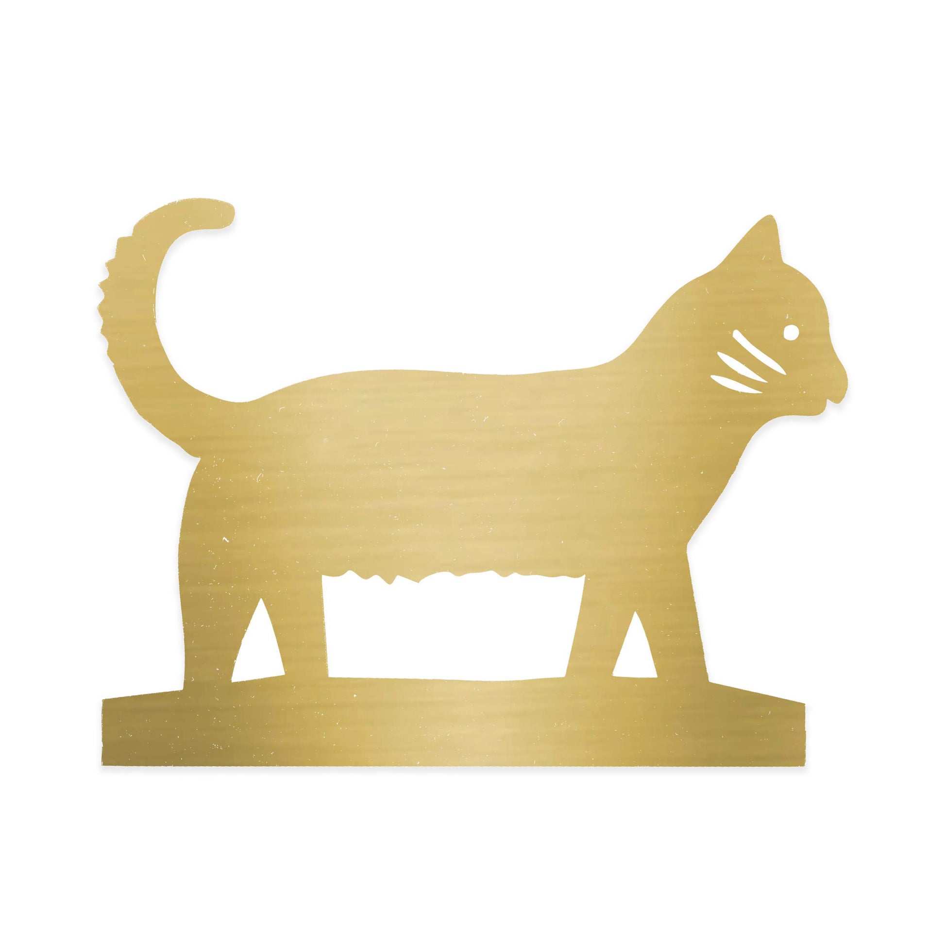 A golden silhouette of a cat standing on a base. The cat features a curved tail, pointed ears, and whiskers, with a simple, stylised design that highlights its playful stance. The background is plain, emphasising the cat's shape.