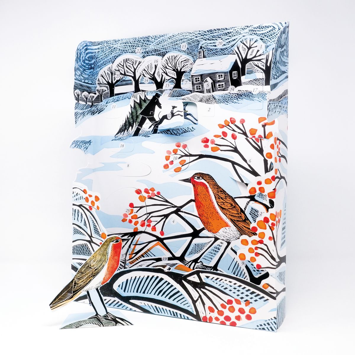 Advent calendar with winter scene, a house and two robin's on a branch photographed on a white background