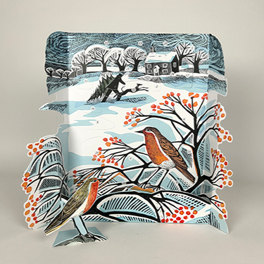 Decorative advent calendar with a winter scene featuring birds, trees  and a winter cottage. The main colours are blue, red, black and white.