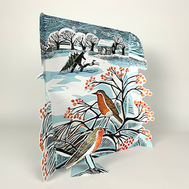 Decorative advent calendar with a winter scene featuring birds, trees  and a winter cottage. The main colours are blue, red, black and white.