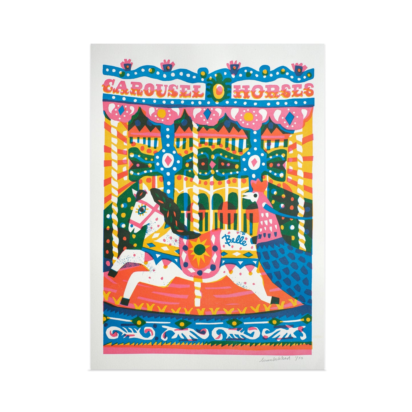 A vibrant illustration of carousel horses, featuring bold colours and playful patterns. The design includes a whimsical background with decorative elements, creating a joyful and festive atmosphere reminiscent of a fairground.