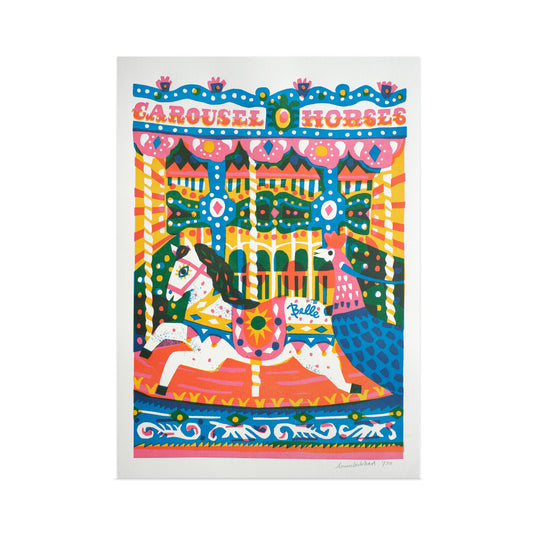 A vibrant illustration of carousel horses, featuring bold colours and playful patterns. The design includes a whimsical background with decorative elements, creating a joyful and festive atmosphere reminiscent of a fairground.