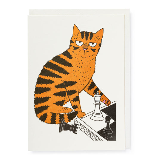 Illustration of an orange tabby cat playing chess on a white background.