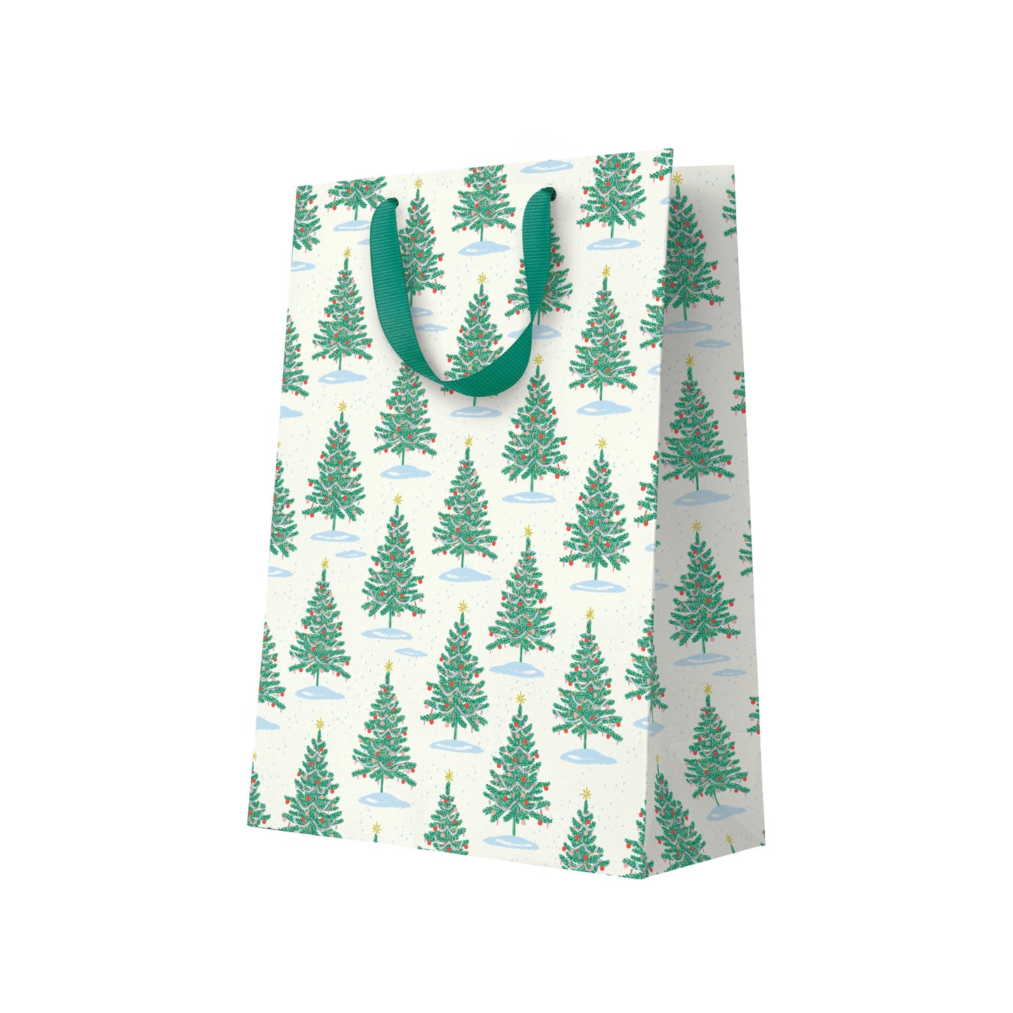 Gift bag with Christmas tree pattern  and a green handle on a white background.