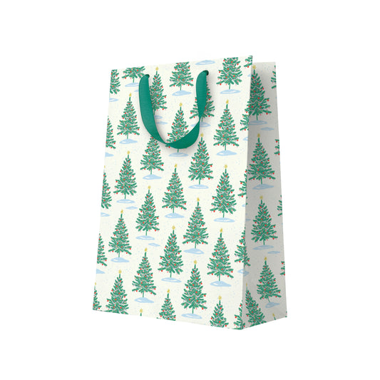 Gift bag with Christmas tree pattern  and a green handle on a white background.