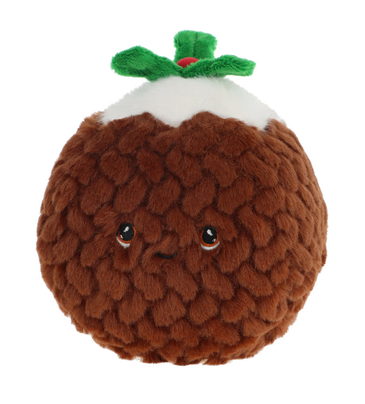 Plush toy resembling a Christmas pudding with a green stem and red dot on a white background