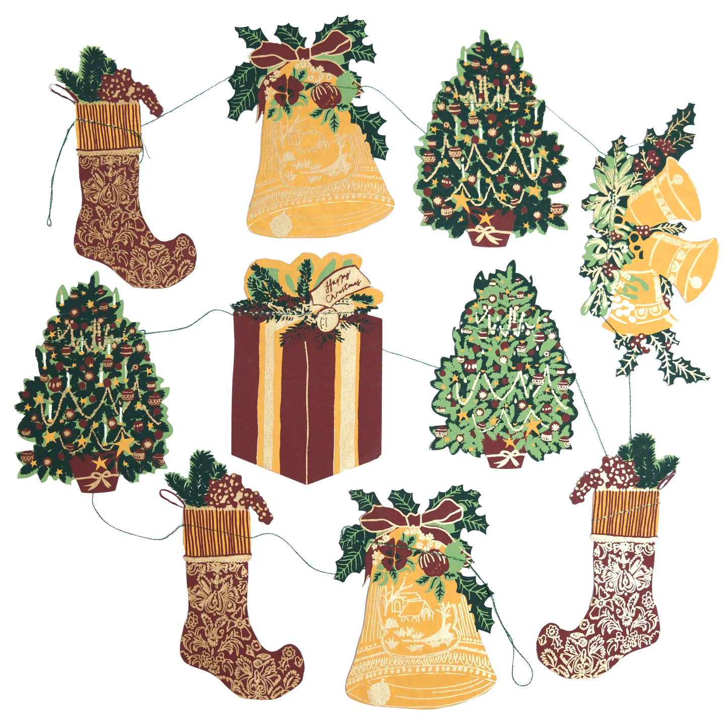Set of Christmas-themed paper cutouts including trees, bells, and stockings on a white background.