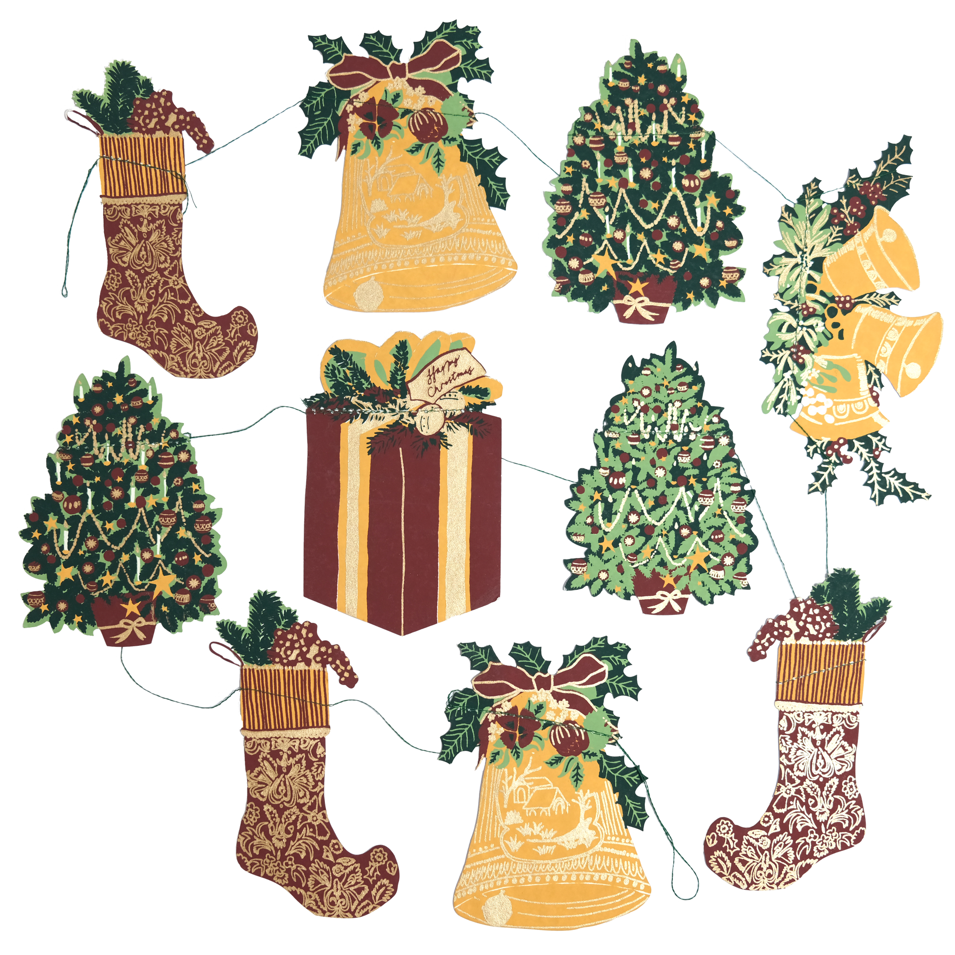 Set of Christmas-themed paper cutouts including trees, bells, and stockings on a white background.